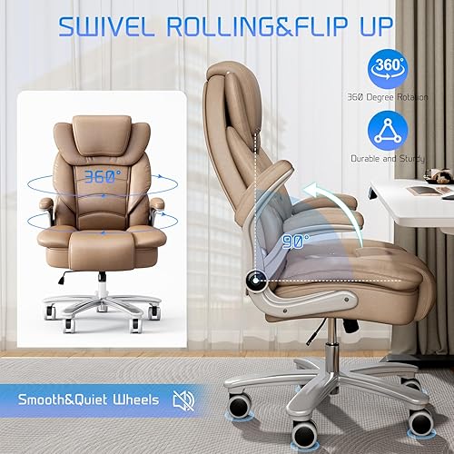 Miniatura 7 de GYI Silla de oficina grande y alta, asiento ancho de 400 libras, silla ergonómica de escritorio ejecutiva de cuero con brazos abatibles, color marrón