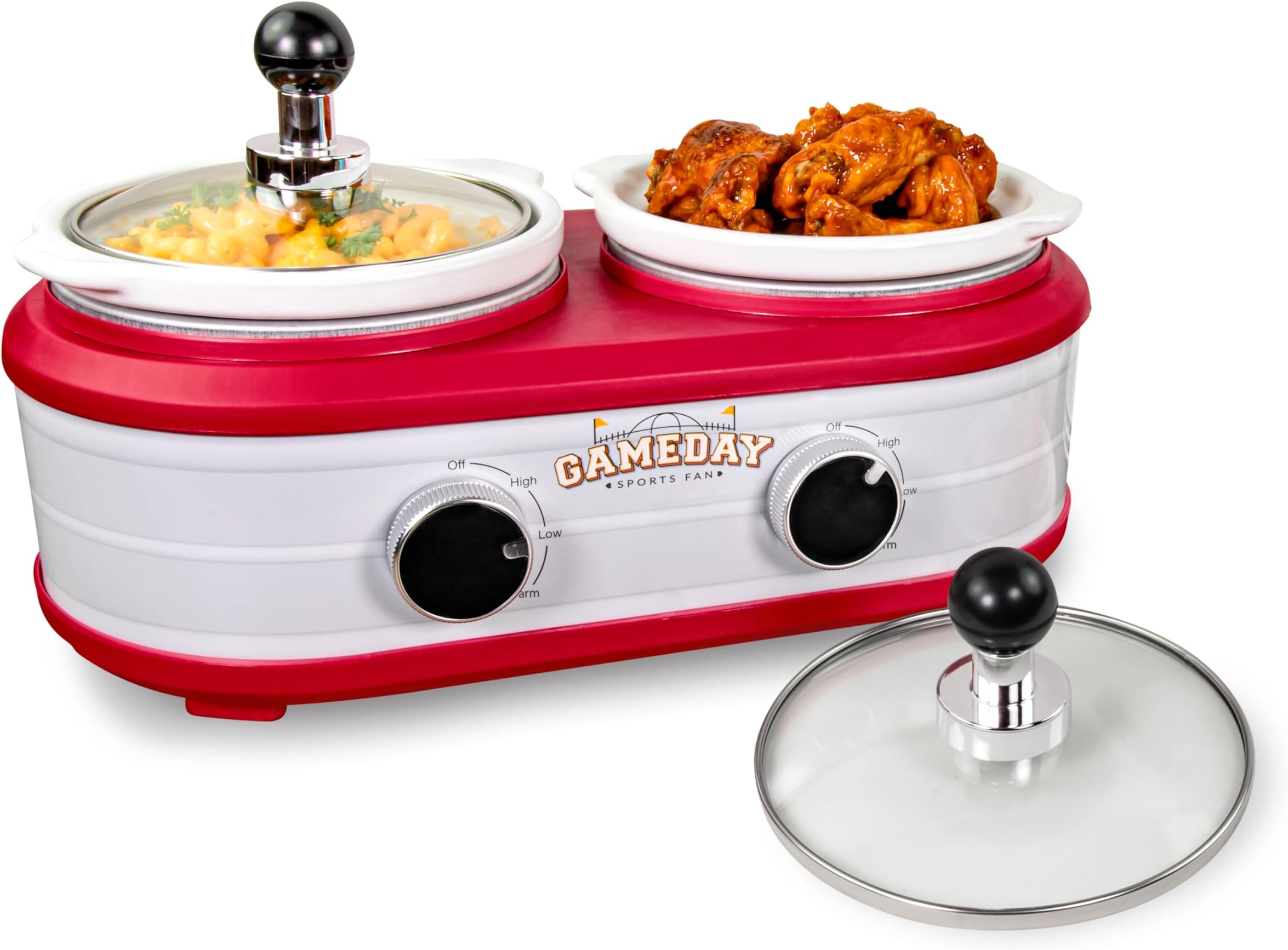 Game Day 2.5-Quart 2-Section Slow Cooker with Lid and Ladle, Keg-Like Design, Cooks Chicken Wings, Meatballs, Chilli, Cheese, Soup, Stews, and More