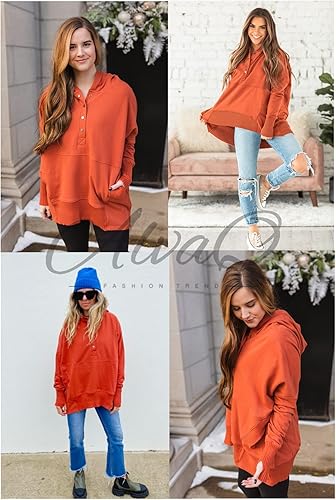Miniatura 5 de AlvaQ Sudadera casual con cuello en V y botones para mujer, sudadera de gran tamaño, con capucha y bolsillos