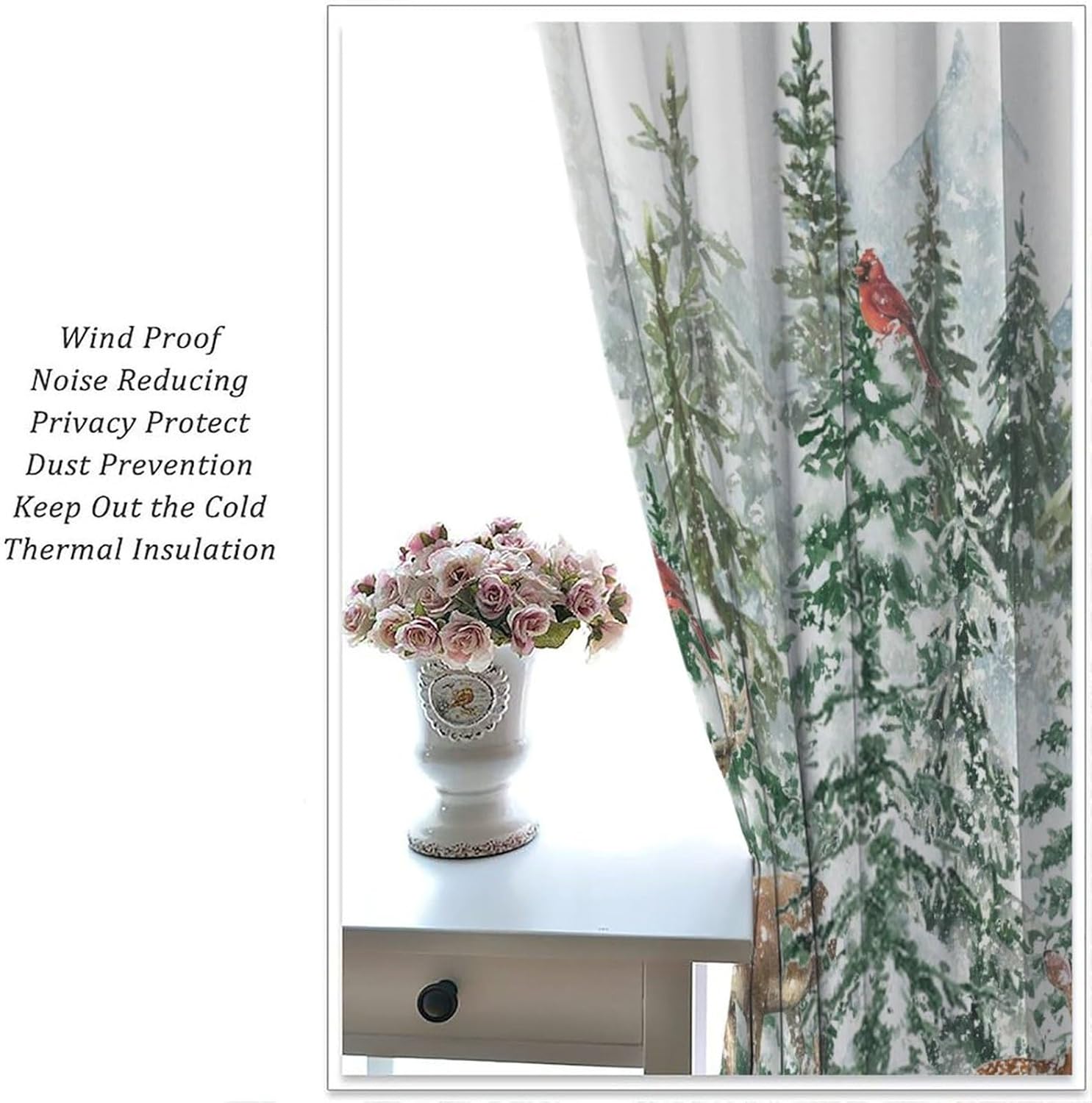Christmas Winter Blackout Curtain, Snowy Forest Pine Tree Cardinal Deer Snowflake Xmas Holiday Window Curtains Drapes for Bedroom Living Room Farmhouse 42" W X 45" L