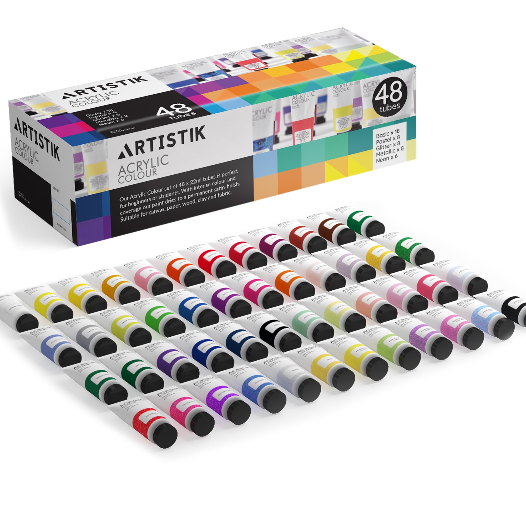 Acrylic Paint Set with 48 Opaque & Vibrant Colors for Beginners & Students – 22ml Tubes of Artist-Quality Acrylic Paints for Painting on Different Surfaces