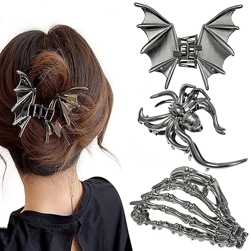 Parcce 3 Pieces Large Metal Spider Net Bat Hand Hair Claw Clips for Women and Girls Thick Long Hair, Nonslip Skeleton Spooky Barrette Headband Hair Styling Accessories for Halloween Christmas Gifts - Style A