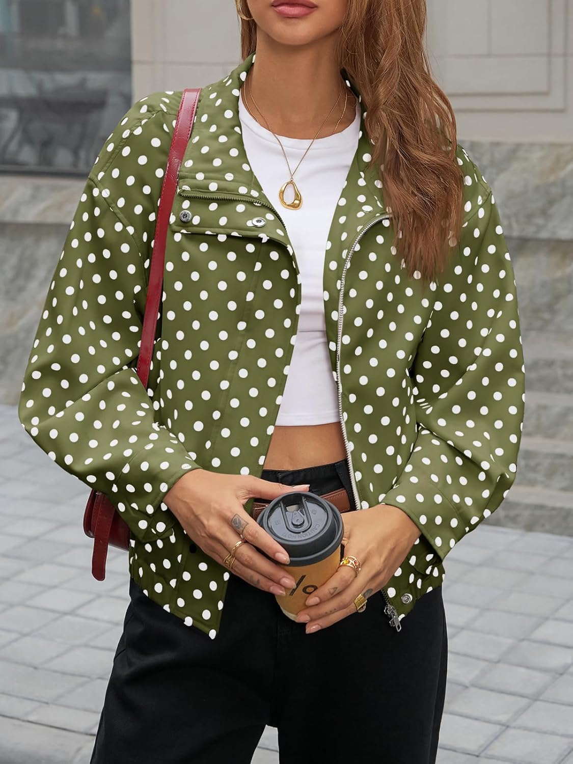 Tankaneo Womens Zip Up Cropped Jackets Polka Dot Oversized Jackets Spring Lightweight Trendy Casual Coats - Image 2