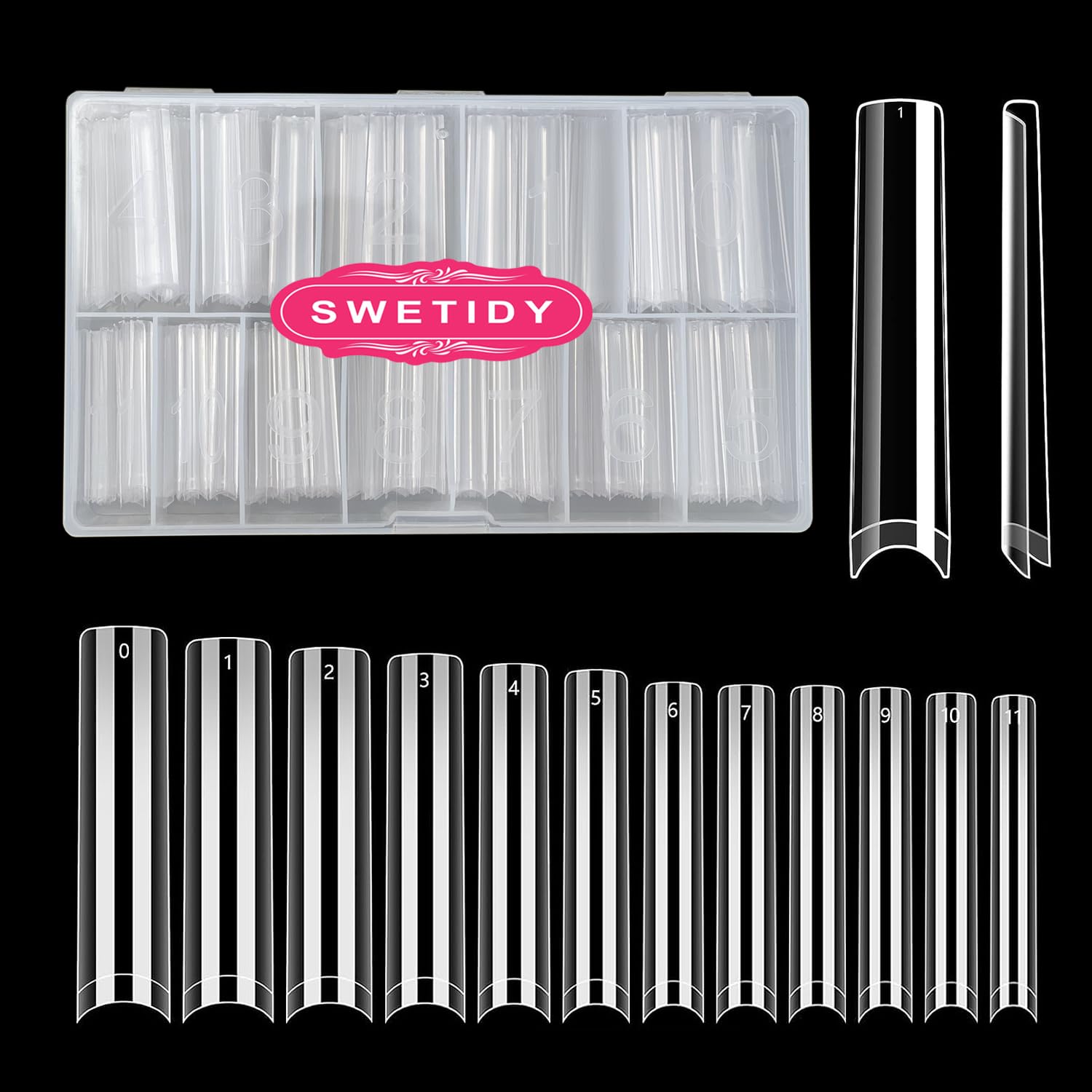 SWETIDY 3XL Nagelspitzen Quadratisch - 360 Stück, Transparent, Für Acryl, 12 Größen, Mit Aufbewahrungsbox