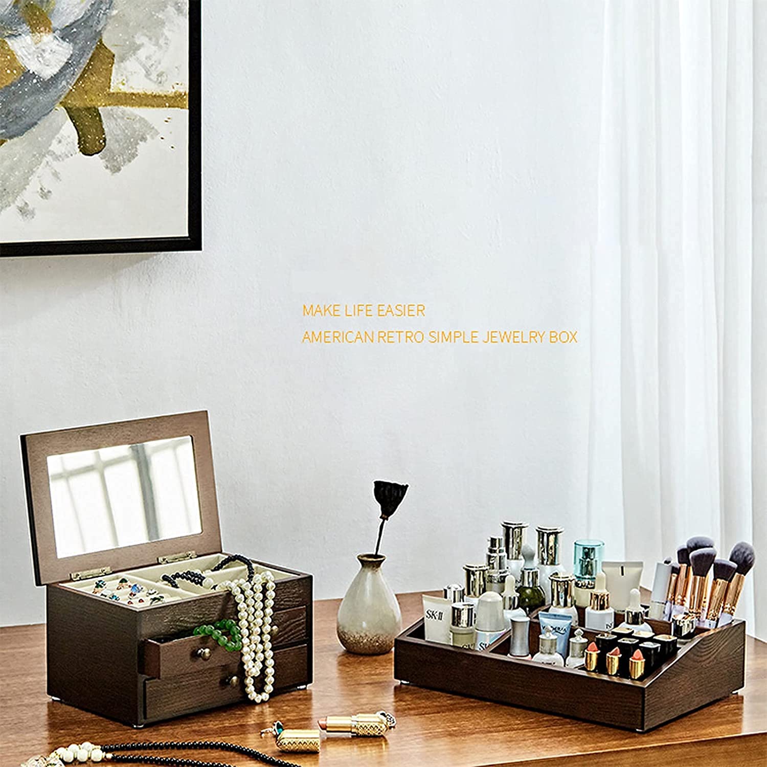 木製 レトロ ジュエリーボックス アクセサリー収納ケース 鏡付