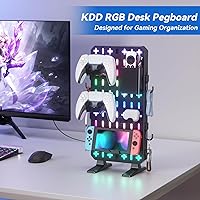 Vista 2 de KDD RGB Desk Pegboard Organizer - Compact Freestanding Gaming Desk Decor with Controller & Headphone Holder, Storage Box, Hooks, Phone Stand - No