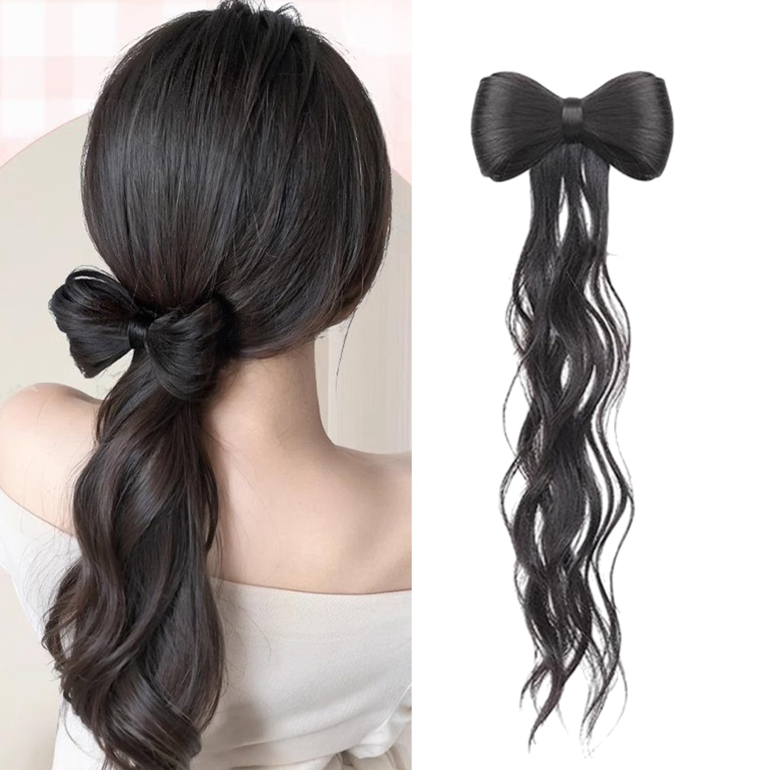 S.A.V.I Clip-On Bow Hair Extension for Women & Girls | Natural Black Long Wavy Synthetic Ponytail with Strong Grip Clip | Korean Style Hair Accessory for Daily, Parties & Fashion Styling-image-44