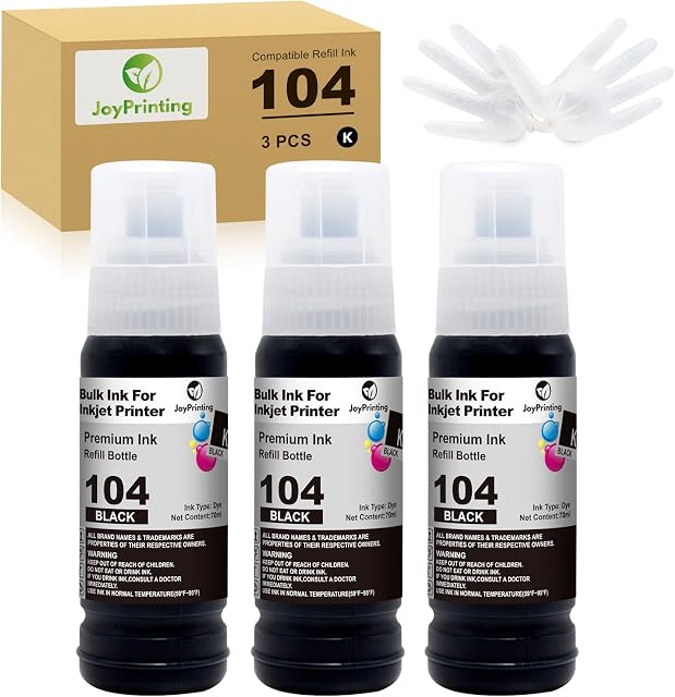 JoyPrinting 70ml 104 Ink Bottle Replacement for Epson 104 Ecotank Ink Compatible with Epson EcoTank ET-2710 ET2711 ET-2712 ET-2714 ET-2715 ET-2720 ET-2721 ET-2726 ET-4700 (3-Pack, Black)