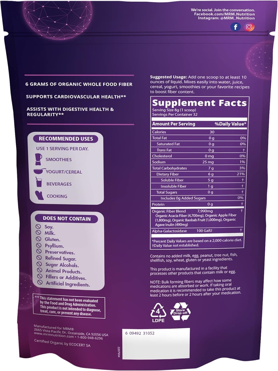 MRM Whole Food Organic Fiber with Enzymes & Prebiotics - 32 Servings — Amazon image 2