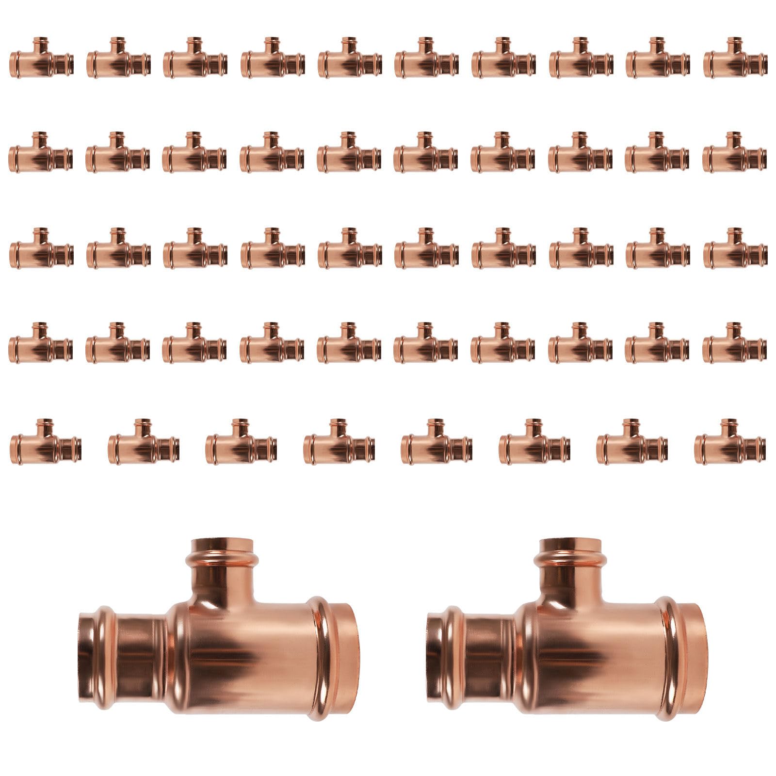 Paquete de 50 Conectores en T reductores de Cobre GUOFIS, 2" P x 1-1/2" P x 3/4", Conector en T Reductor de presión para plomería, derivación de transición de tamaño de tubería de Tres vías