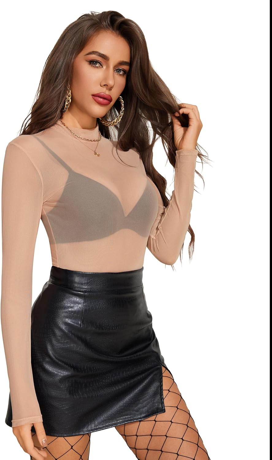 Avidlove Mesh Top for Women Long Sleeve See Through Shirt Mock Neck Sheer Blouse Clubwear Party XS-XXL - Image 4