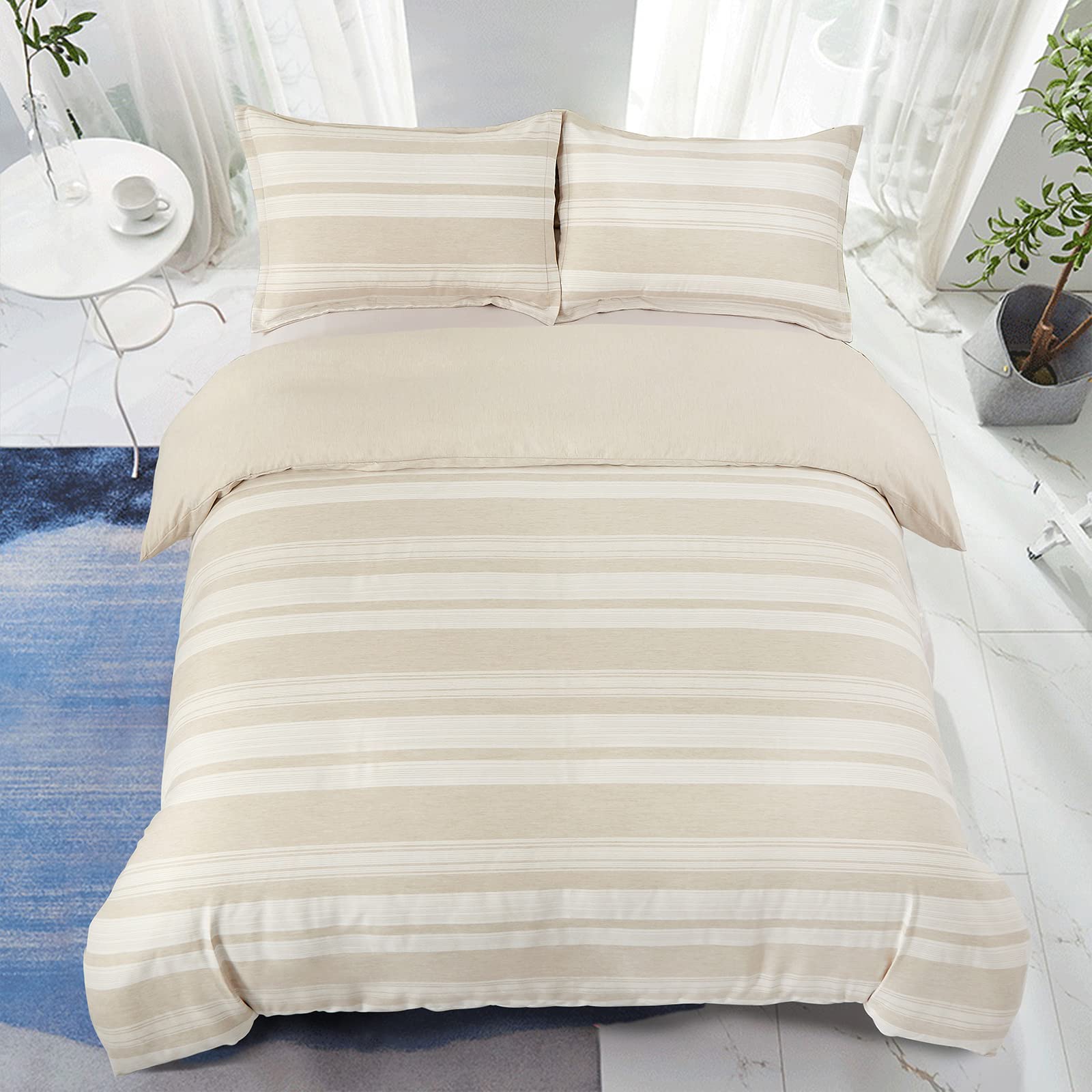 Set Copripiumino Righe Beige Reversibile - Misura Matrimoniale 200x200cm In Microfibra - Foto 10