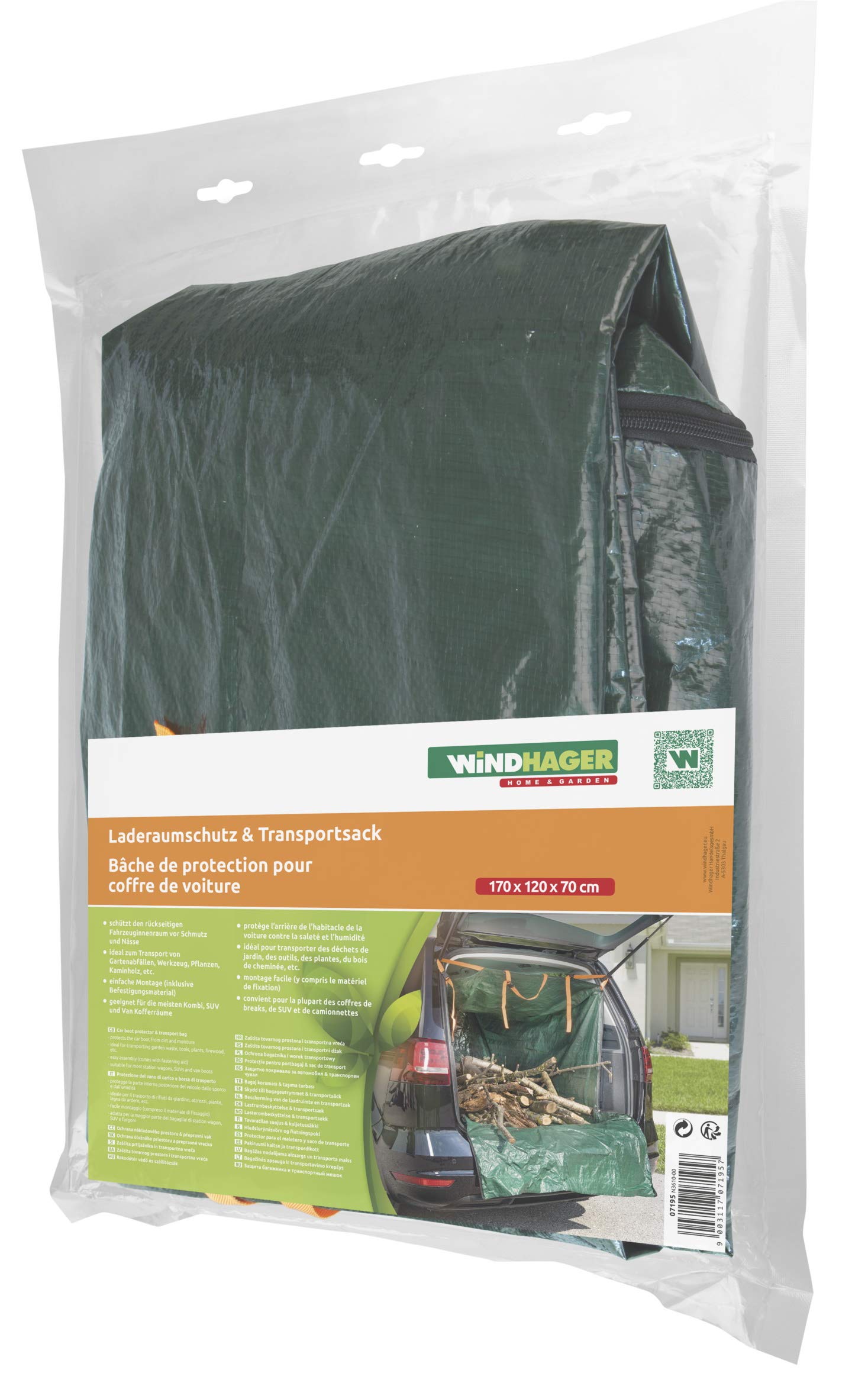 Windhager 07195 Ochraniacz bagażnika i torby transportowej, wewnętrzna ochrona samochodu, mata do bagażnika dla psa, 1,7 x 1,2 x 0,7 m, 100 g/m², 07195