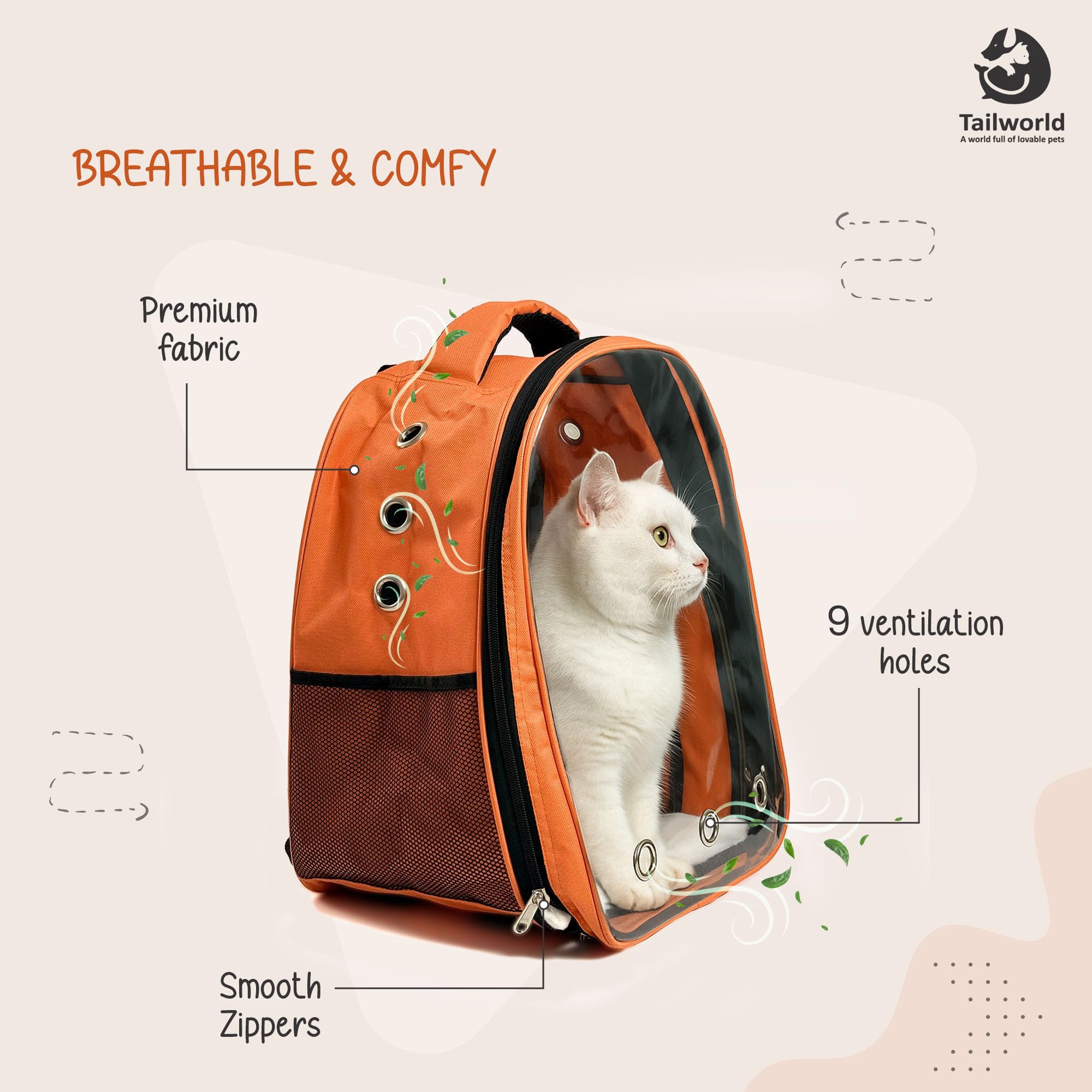 Tailworld Portable Pet Carrier Backpack for Cats & Small Dogs – Transparent Window, 9 Air Vents, Breathable Mesh, Built-in Safety Leash, Lightweight Travel Bag for Outdoor & Travel (Orange) 1