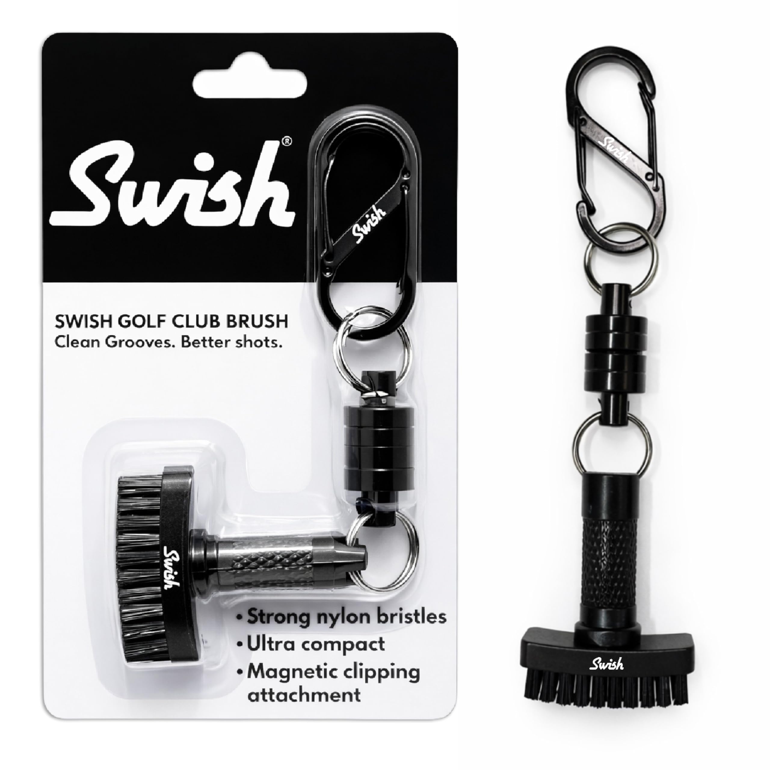 Swish Golf Club Brush - Portable Golf Club Cleaner Brush - Compact Golf Cleaning Kit & Golf Bag Accessory - Quick & Effective Cleaning with Clip-On Design, Ideal Golf Gifts for Men & Golf Accessories