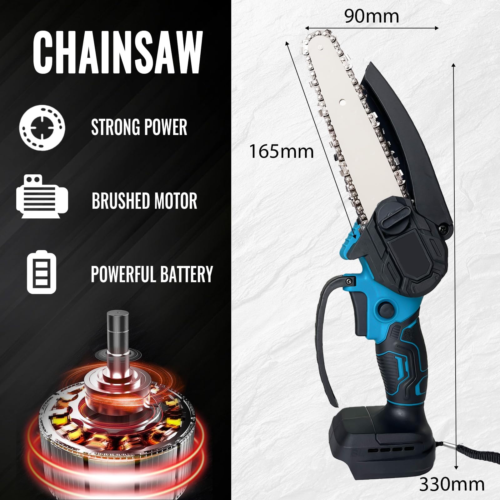 6-calowa pilarka łańcuchowa z akumulatorem z dwoma akumulatorami (2 × 18 V, 3000 mAh), pilarka łańcuchowa z butelką z olejem i wkrętakiem, idealna do cięcia drzew, gałęzi i przycinania w ogrodzie
