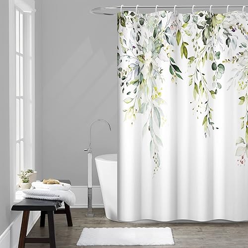 Miniatura 30 de Cortina de ducha verde salvia con eucalipto, cortina de ducha de tela impermeable con hojas de planta de primavera, cortina de ducha acuarela verde