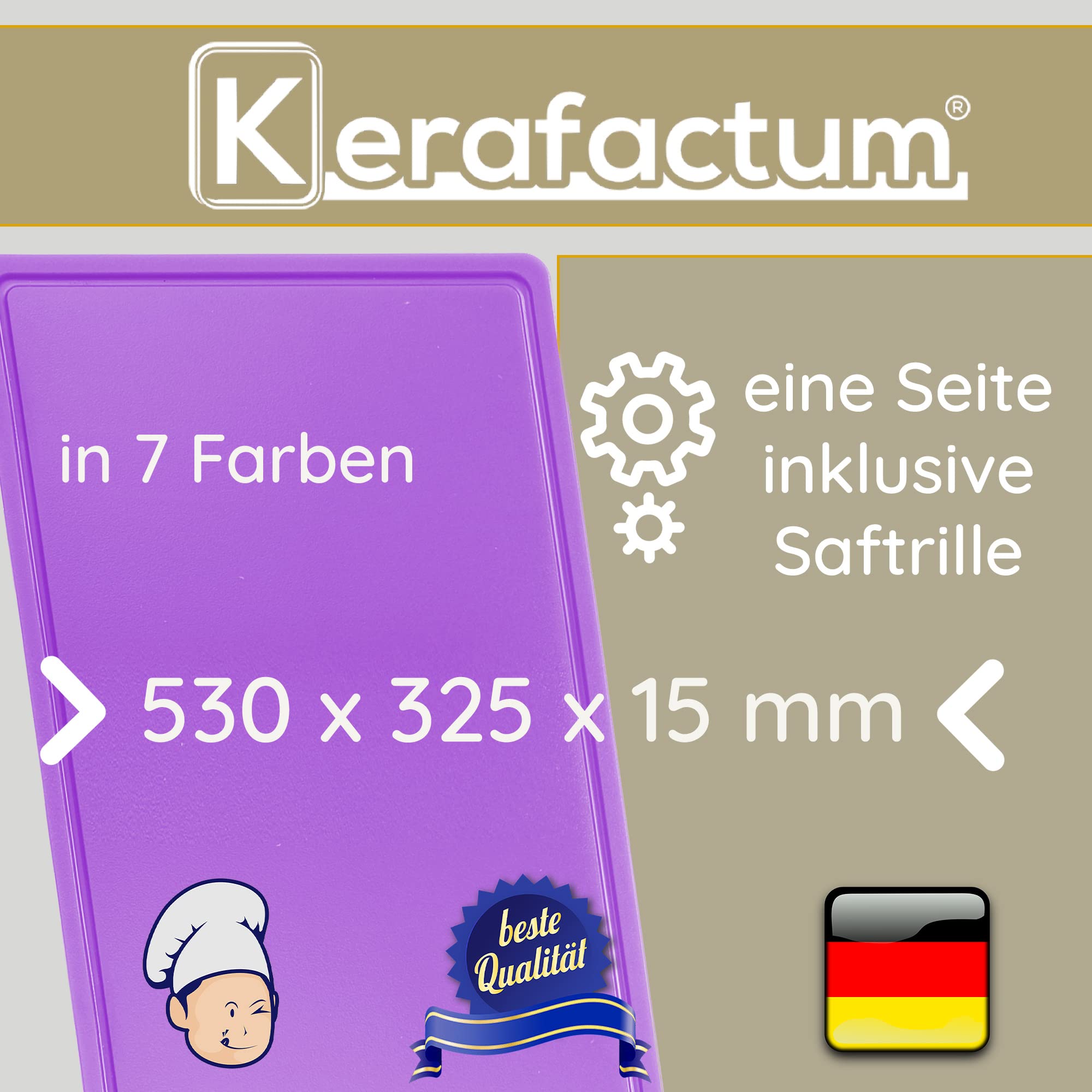 Kerafactum Tabla de cortar, tabla de cocina, extra gruesa, antideslizante, de doble cara, con canaleta, conformidad, 53 cm, plástico sin BPA, marrón