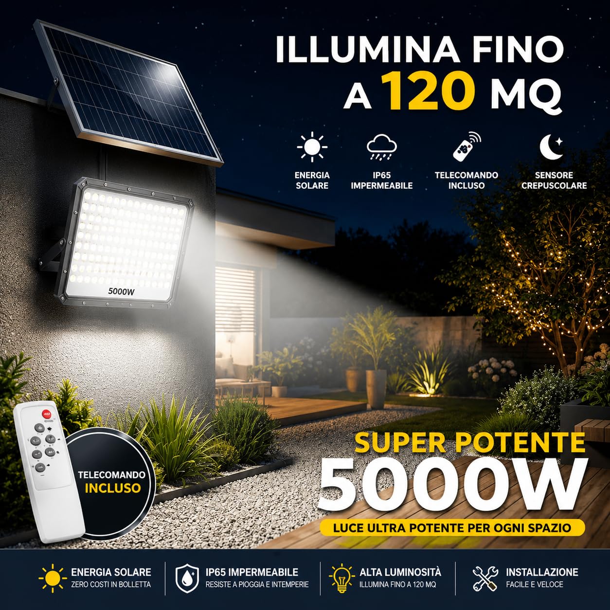 Faro Solare LED Esterno 5000W, 320 LED ad Alta Luminosità, IP66 Impermeabile, Luce Bianca Fredda 6500K, Telecomando, Autonomia fino a 12 Ore, Illuminazione per Giardino, Garage, Cortile e Terrazzo