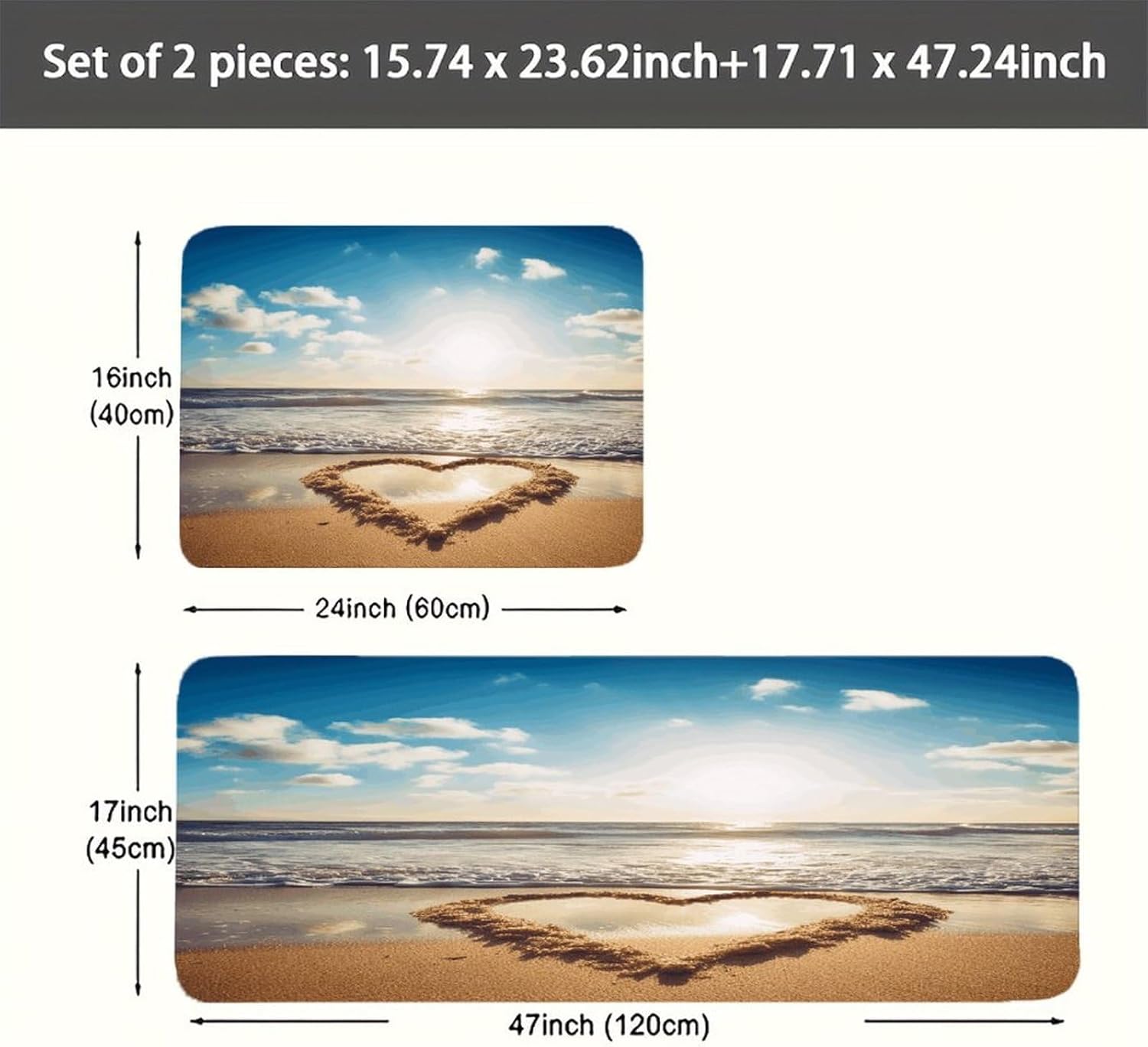 Heart Shape Romantic Beach Kitchen Mat Washable Non Slip Rugs Soft Kitchen Mats for Floor Set of 2 PCS Cushioned Absorbent Runner Standing Rugs for Home Sink Laundry Office