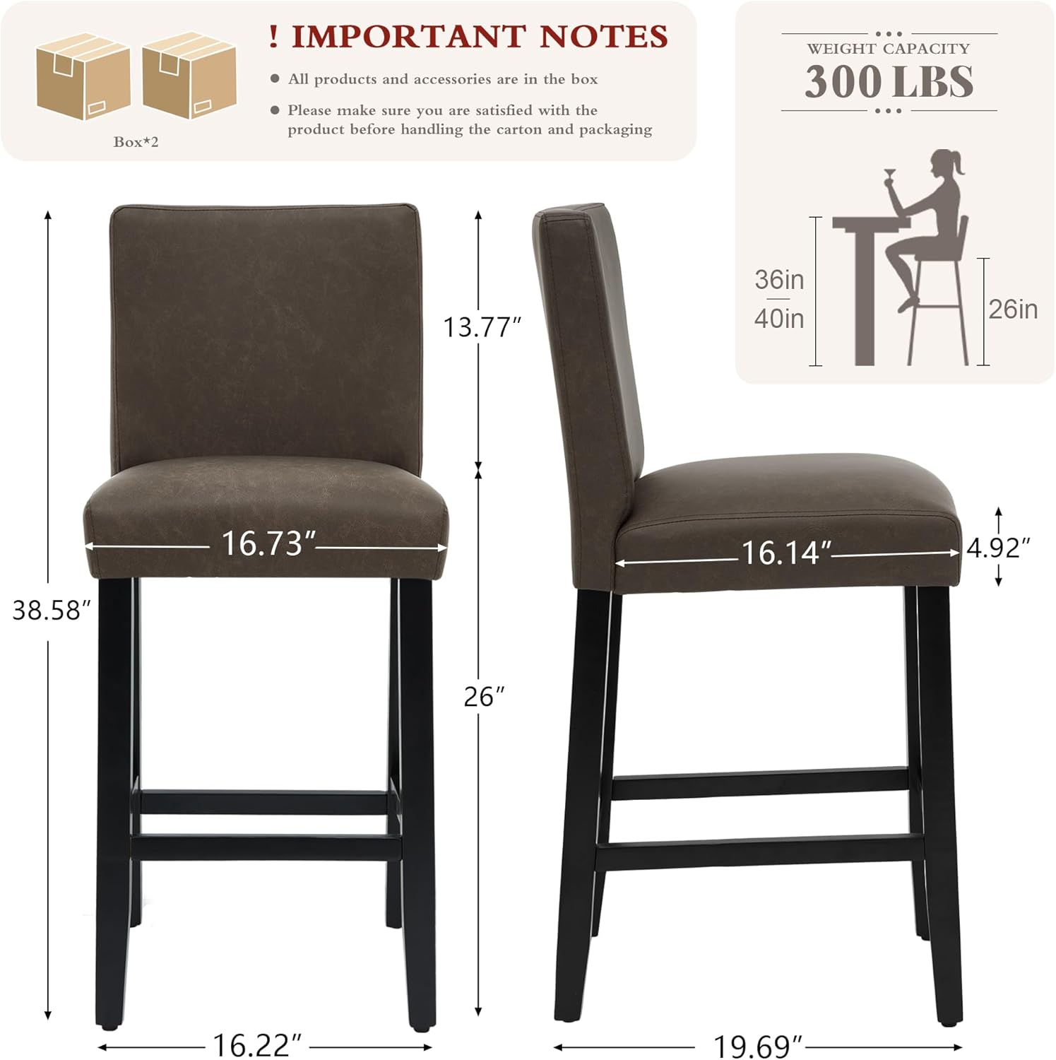 26'' Faux Leather Bar Stools Set of 3, Modern Upholstered Bar Height Bar Chairs, Soild Wood Legs Barstools with Back, Brown
