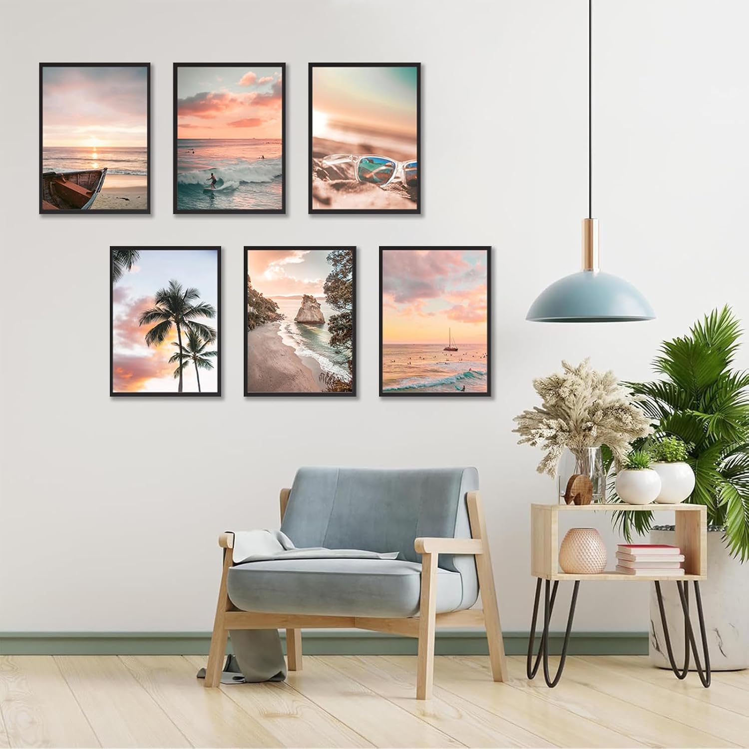6Pcs Surf Wall Art Beach Summer Posters Tropical Ocean Coastal Canvas Wall Decor Palm Tree Surfboard Ship Sunglasses Island Seascape Sunset Painting Prints Pictures Pink Trendy Preppy Dorm Unframed