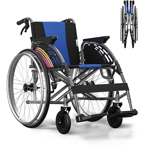Lightweight Folding Wheelchair for Adults Seniors, Self-Propelled Manual Chair Portable Transport Wheelchair with 24" Large Wheel, Swing-Away Footrest, Flip-Back Arm Support to 300lb, No Install Gray