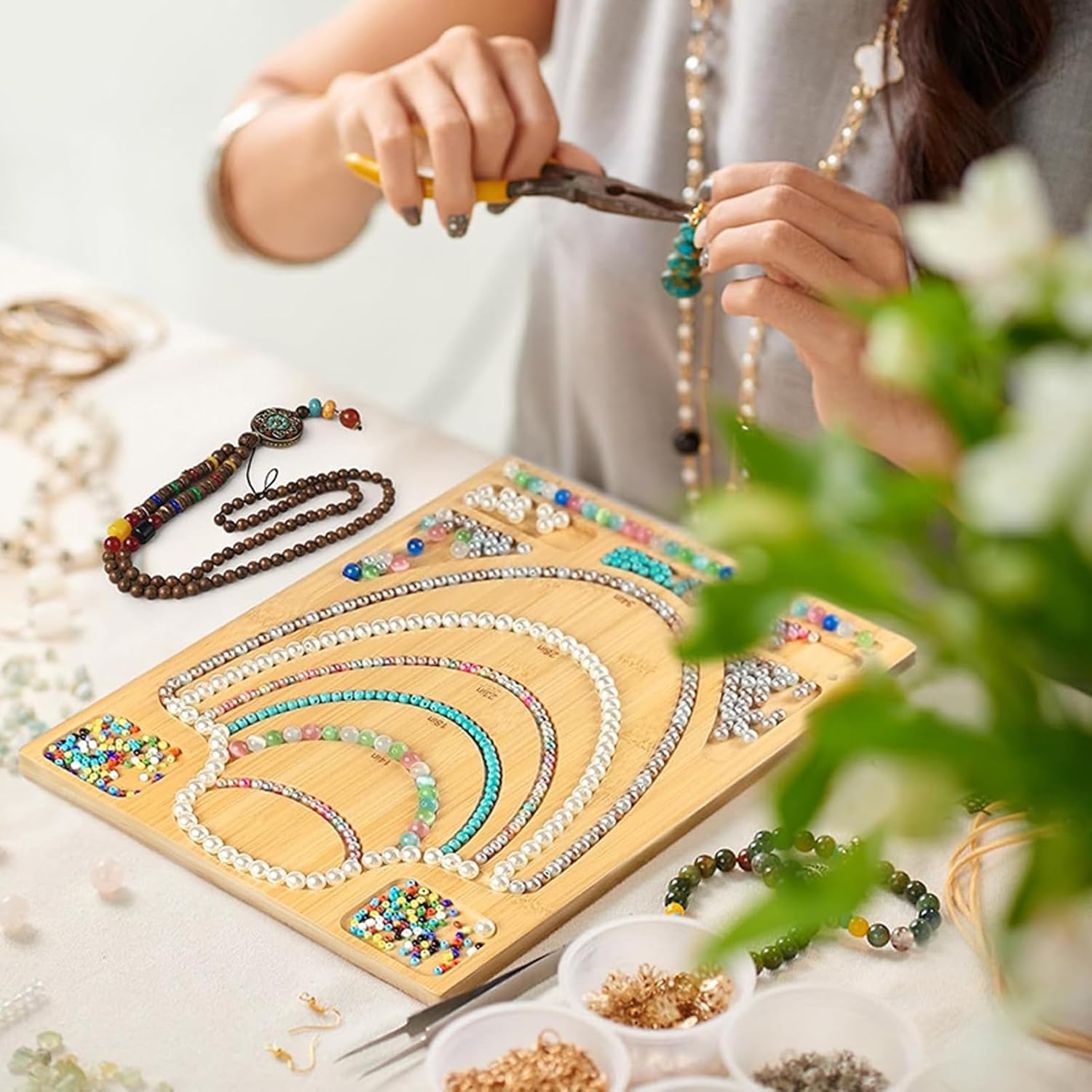 Pyhodi Bamboo Bead Board, Multifunctional Beading Mats for DIY Jewelry Making Necklace Bracelet Design, Bamboo Combo Beading Board with Measurement Grooves for Jewelry Craft Enthusiasts
