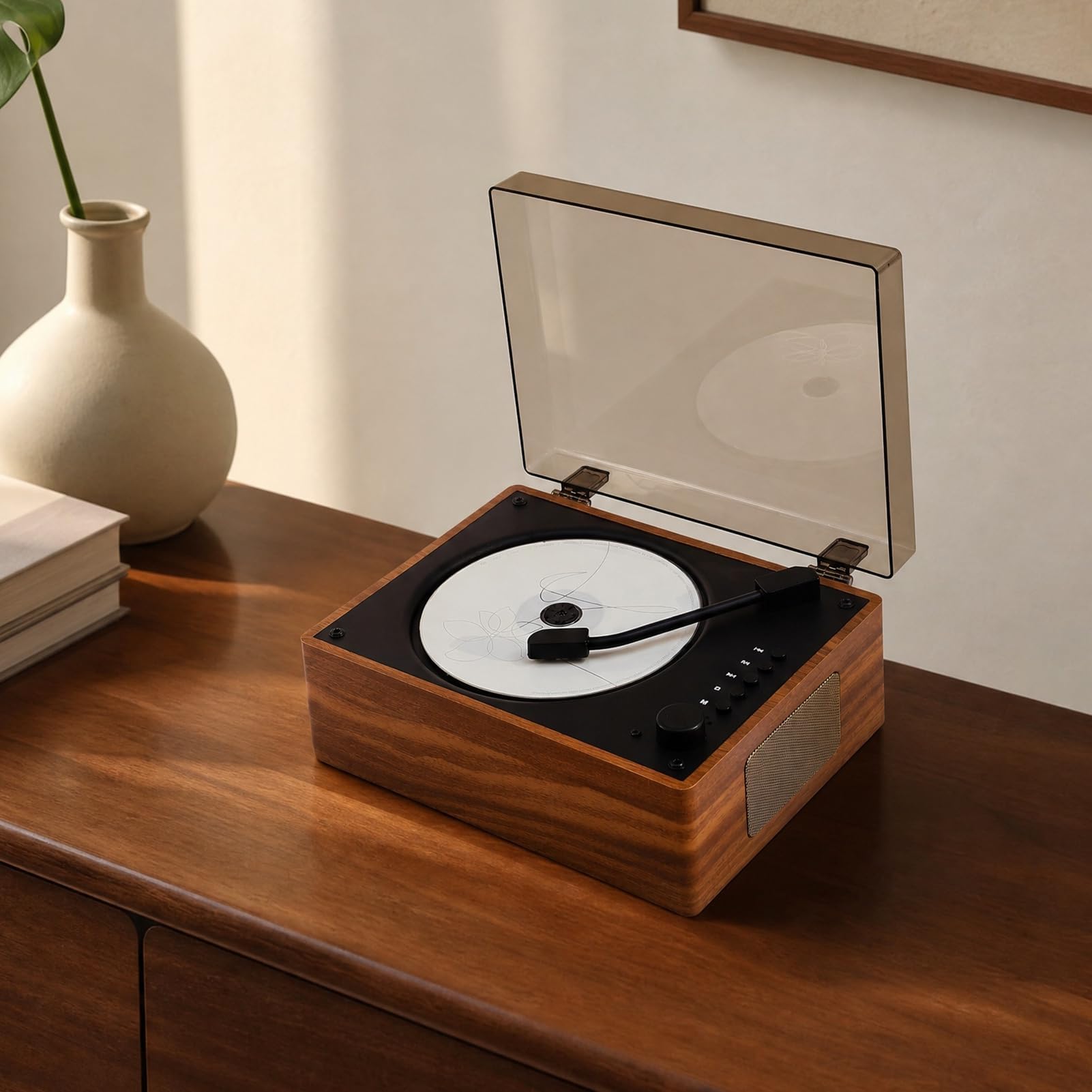 Reproductor de CD Retro con Altavoces Recargables, Compatible con CD, BT | Música para el hogar portátil compatible con Bluetooth 5.0 con control remoto, audio de madera para estudio en casa(walnut)