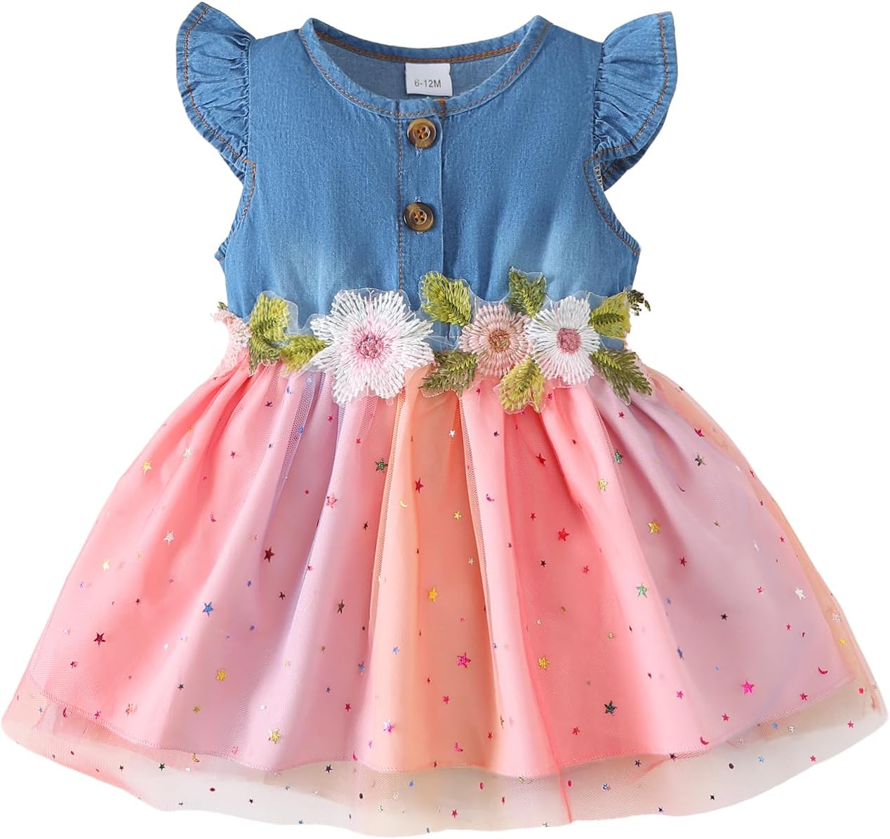 Kucnuzki Toddler Baby Girl Dress Denim Fairy Dress Summer Casual Tutu Dresses Ruffle Floral Sundress Cute Kids Clothes