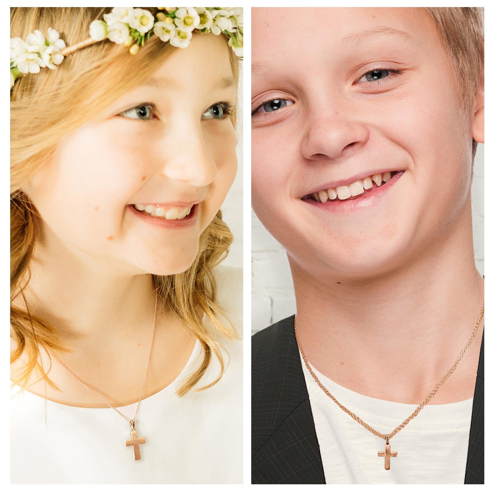 Kreuz Kette Kommunion Mädchen Junge Rosegold Kreuzkette mit Gravur | (Silber 925 vergoldet), Anhänger Halskette Kinder Schmuck Taufkette, Geschenke zur Taufe Erstkommunion