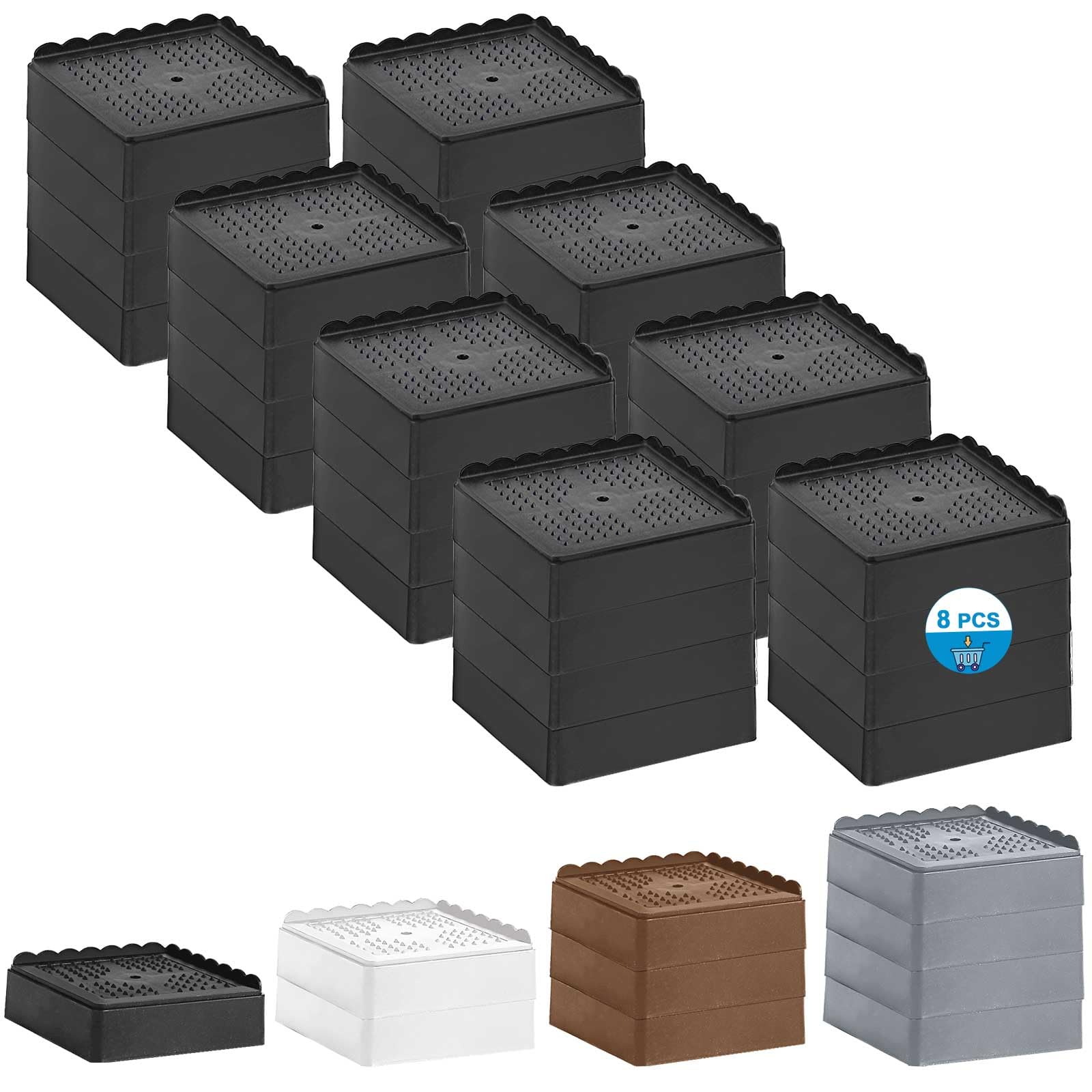 Elevadores de cama de 1, 2, 3 y 4 pulgadas, resistentes, ajustables para mesa, escritorio, sofá, silla, reclinable, marco de patas para dormitorio, bloques apilables (negro, paquete de 8, 1+1+1+1+1