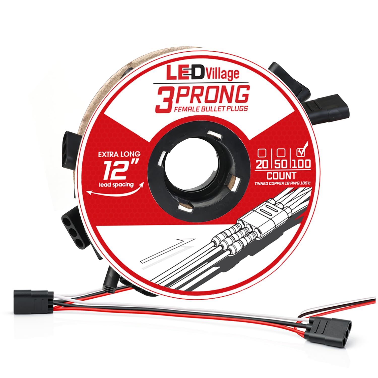 50 Counts of 3 Prong Female Bullet Plug Wiring Harness Continuous Wire Harness Roll (4" Lead Spacing Between Plugs) 3 Prong Socket Plug