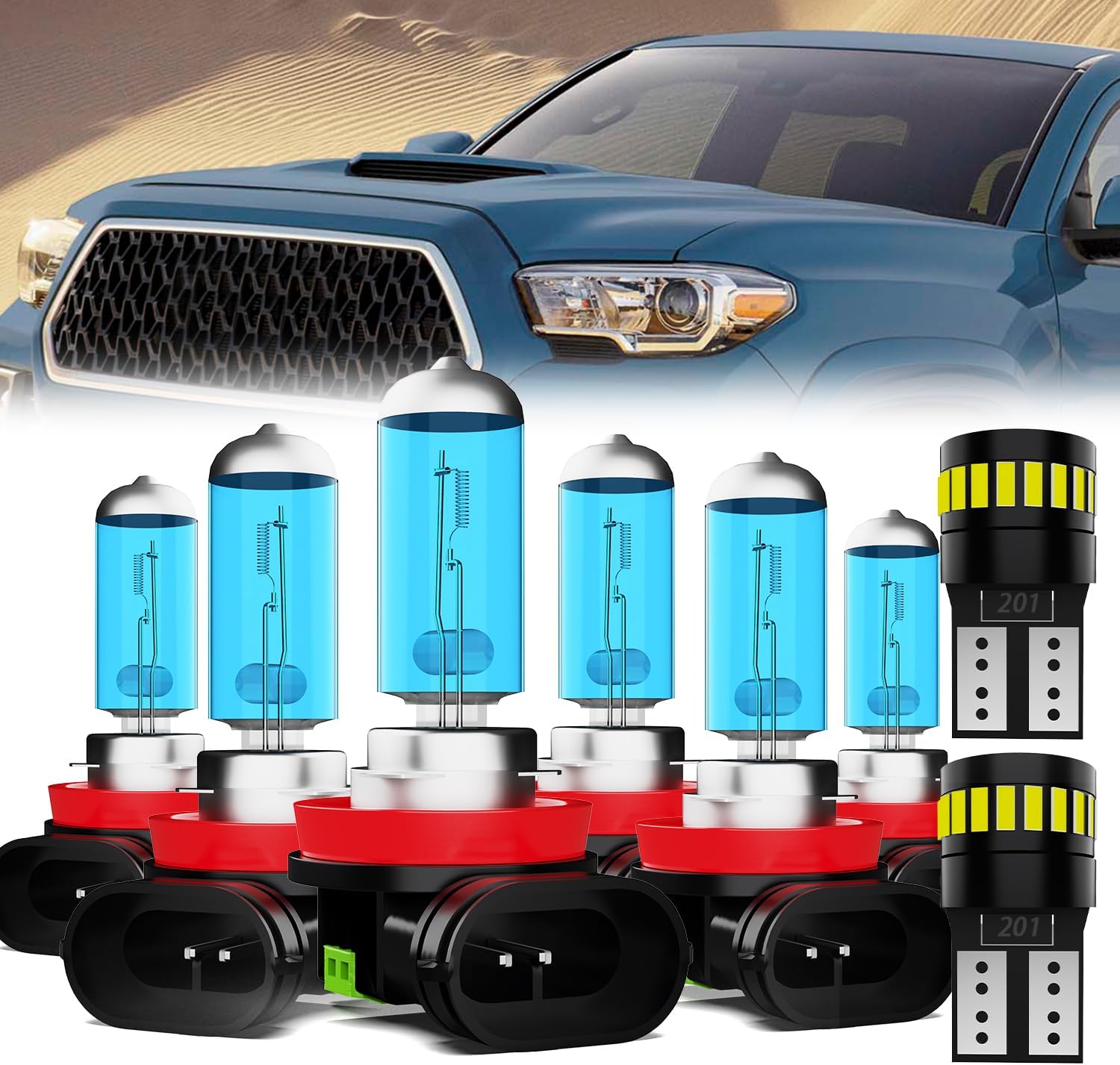 Headlight Bulbs License Plate Lights Fit For Toyota Tacoma 2016-2019, H11 High Beam + H11 Low Beam + H11 Fog Lights Halogen Light Bulb + License Plate Lights, 6000K White, Pack of 8