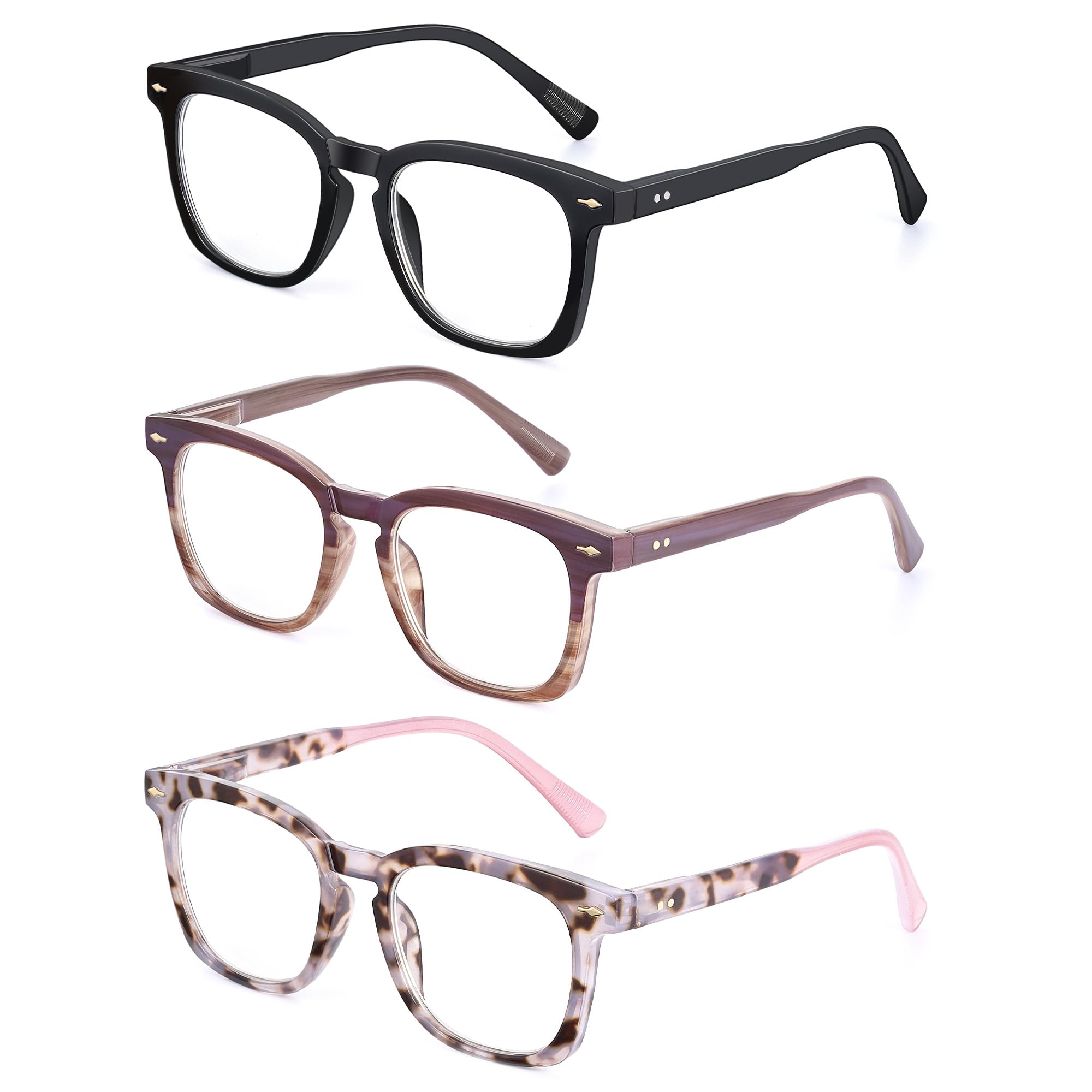 JM 3 Pack Gafas de Lectura Cuadrados, Gafas Presbicia con Bloqueo a Luz Azul Para Mujere Hombre Bisagras de Resorte