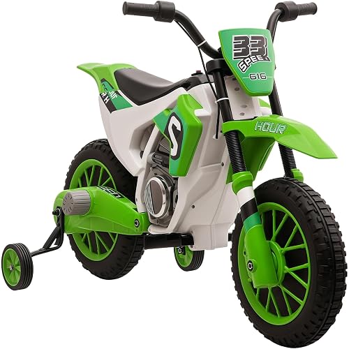 Aosom 12V Kids Motorcycle w/Treaded Tires, 5mph Top Speed for Kids, Green | Electric Bike, Ride On Motorcycle w/ 2 x 25W Motors, Max 5MPH, Training Wheels, Battery Charger, Spring Suspension