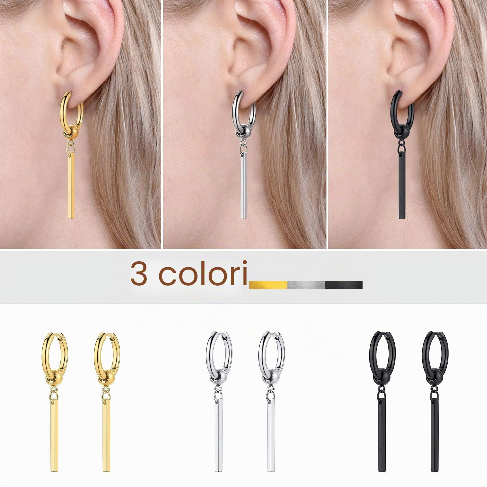 FOCALOOK Orecchini Uomo Cerchio Acciaio Inossidabile, Orecchini Acciaio Chirurgico Argento/Nero/Oro, Orecchino Uomo Piccoli Pendenti Lunghi Tondi Confezione Regalo