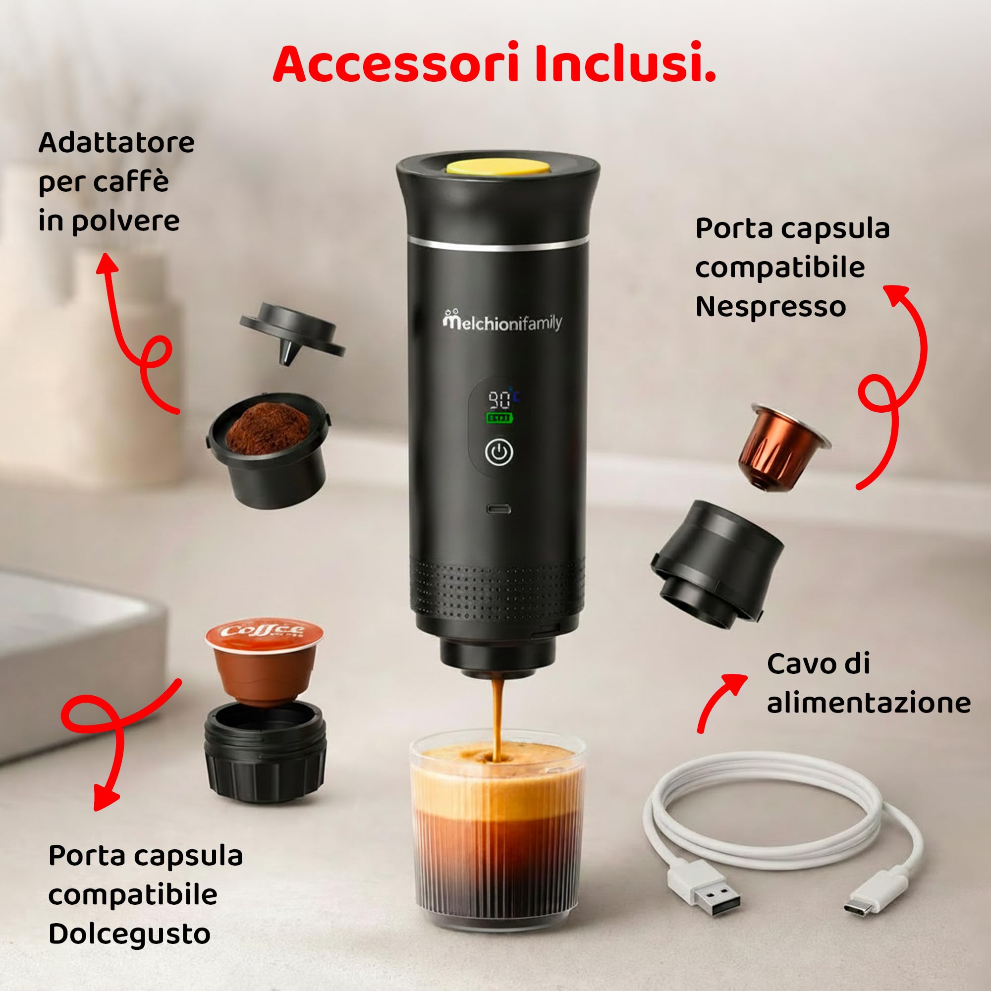 Melchioni Caffè Go - Macchina Caffè Portatile 3 in 1 - Batteria Ricaricabile USB-C - Compatibile con Capsule Nespresso - Compatibile con Capsule Dolce Gusto - Compatibile con Caffè Macinato - Pompa 20