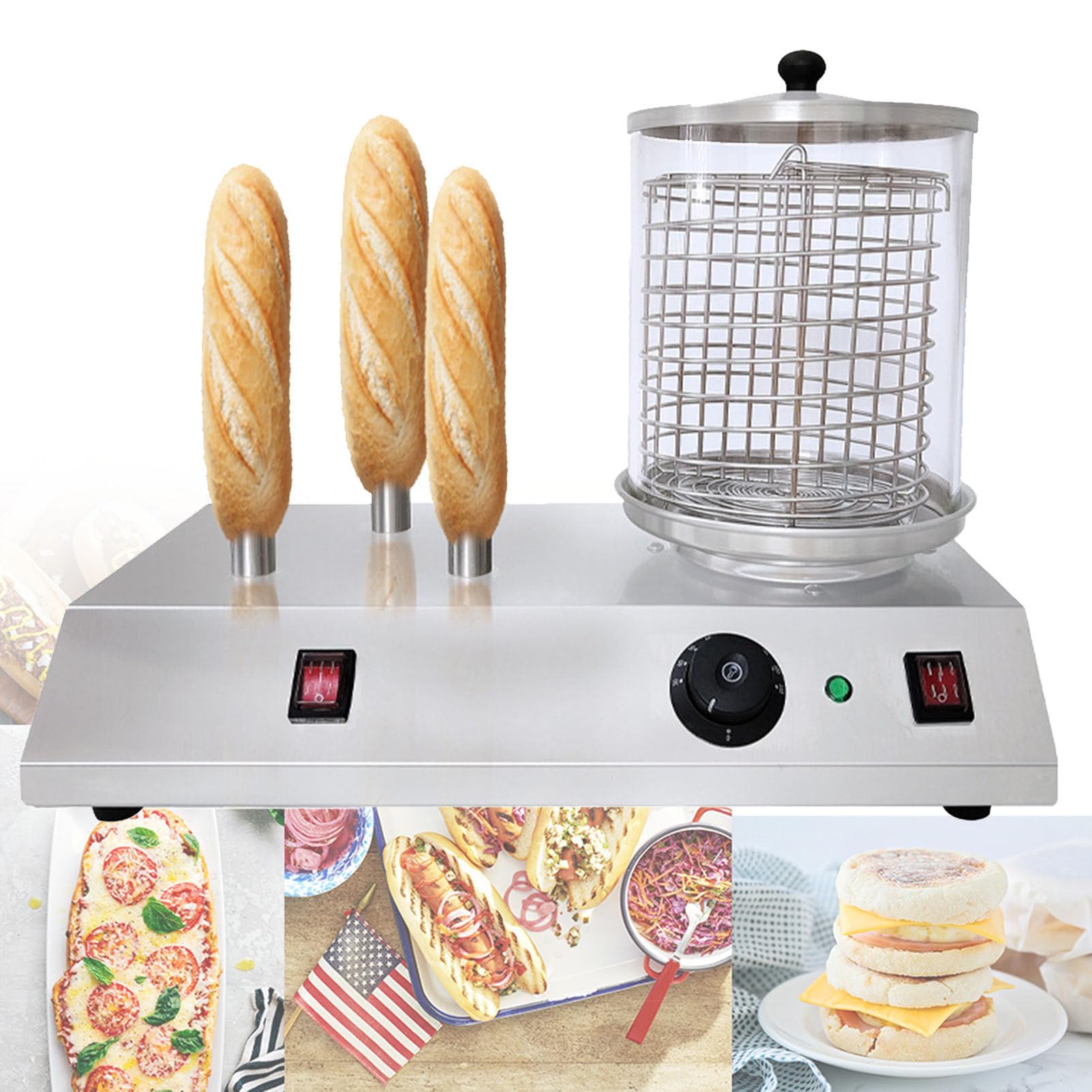 Professioneller elektrischer Hot-Dog-Dampfgarer 458 W, Dampfgarer und Brötchenwärmer aus Edelstahl, Hot-Dog-Maschine für Gewerbe und Haushalt mit 3/4 Toasterstangen,3