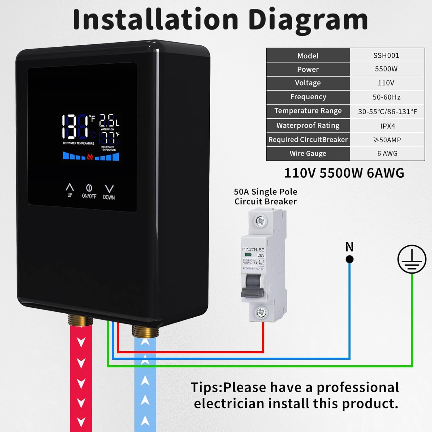 Tankless Water Heater Electric 110 V 5500W, Instant Hot Water Heater Under Sink, On Demand For Point Of Use for Bathroom and Faucet with Remote Control & LCD Touch Screen, Space-Saving