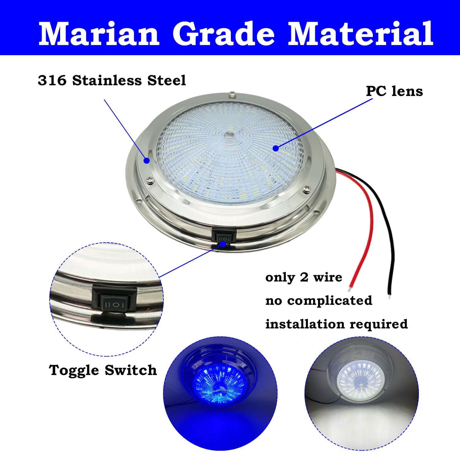 Marine Boat Dome Light, Dual Color 5.5" 12V LED Interior Cabin Lights with Toggle Switch, Stainless Steel Surface Mount (White|Blue)