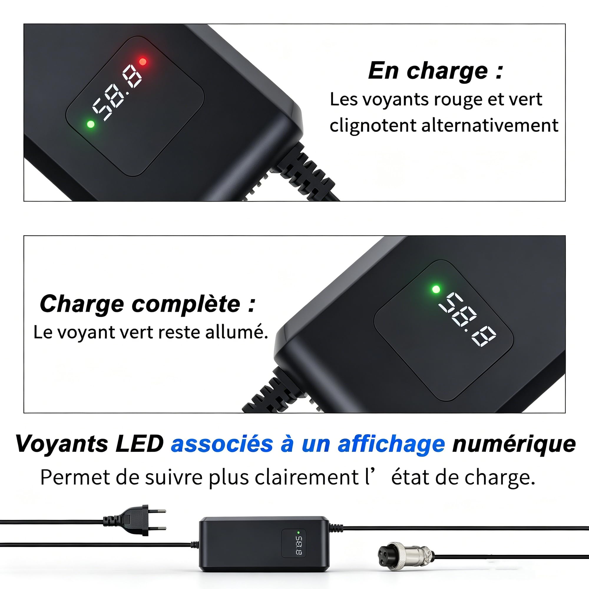 Chargeur 58,8V 4A Compatible Batterie Lithium 52V pour vélo électrique | Compatible trottinettes électriques, équipé d'écran numérique, ventilateur de refroidissement et connecteur GX16-3