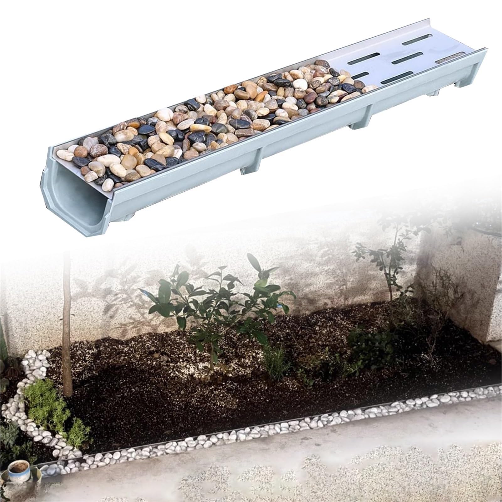 Kanał drenażowy na zewnątrz z kratką ze stali nierdzewnej, system odprowadzania rowów do dziedzińców, szkół i domów, 100 cm x 10 cm x 15 cm