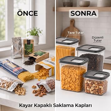 Kayar Kapaklı Saklama Kabı Seti, 7 Litre, 4 Farklı Boyut, Kapağı Kaydır Kolayca Dök Kullan, Plastik Mutfak Düzenleyici Organizer, Sürgülü Kolay Kullanım (0,8/1,6/2,4/3 L)