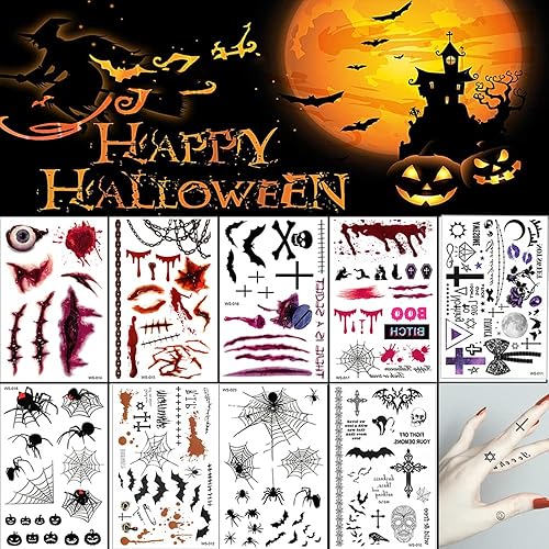 Tatuajes de Halloween para el Día de los Muertos, tatuajes temporales, calcomanías falsas para decoración de fiesta de Halloween, 9 hojas de araña,