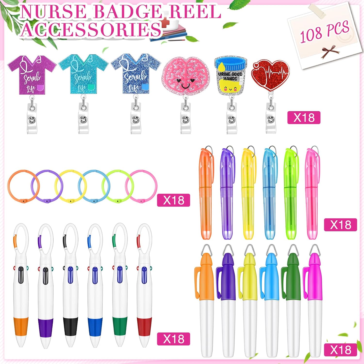Lincia 90 Pcs Nurse Badge Accessories, Nurse Pen Set Include Retractable Badge Reel Clips, Ballpoint Pens, Markers, Highlighters, Keychains, Medical Staff Appreciation Gifts, 18 Sets(Lovely)
