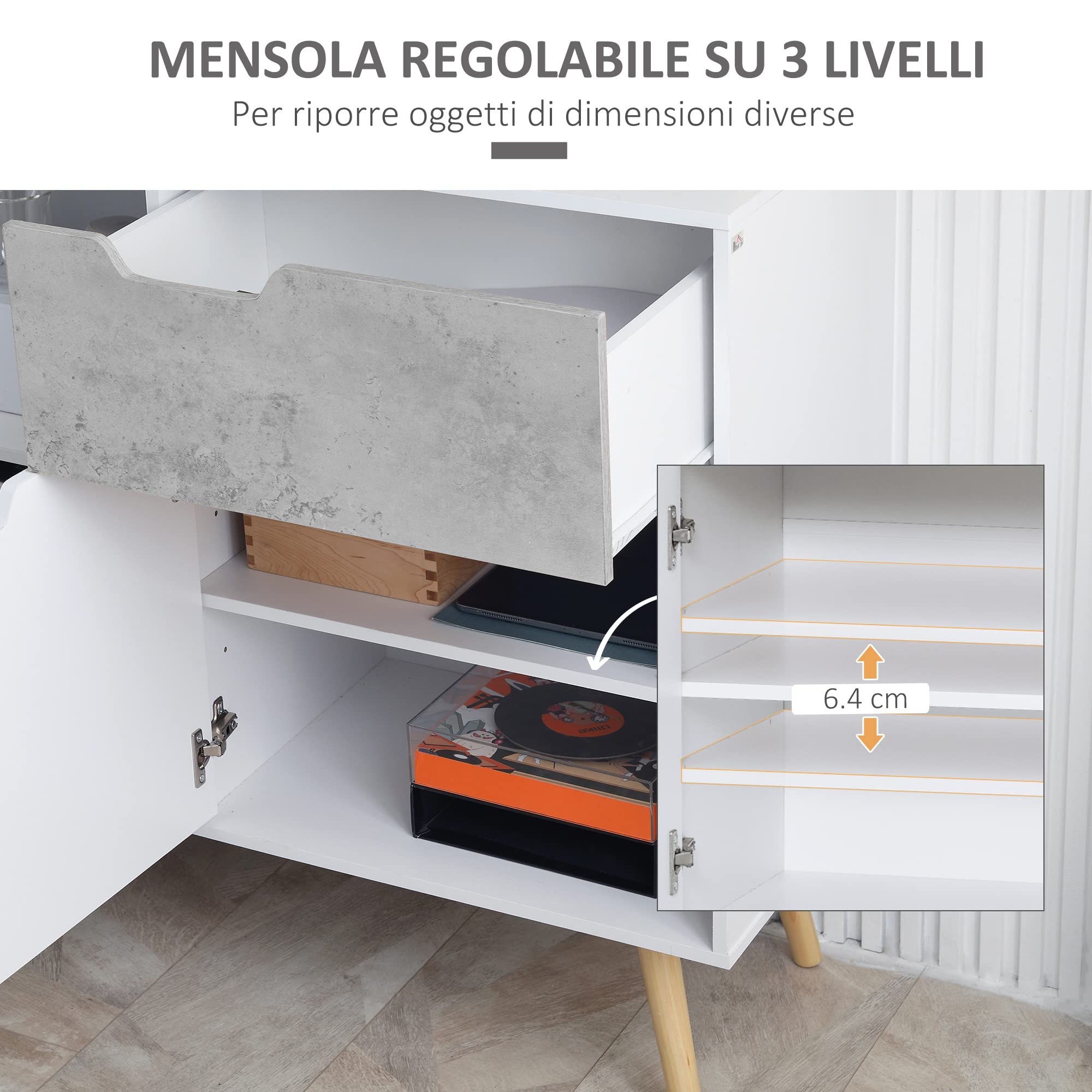 Mobile Soggiorno HOMCOM Moderno | Credenza Con 2 Ante E Cassetto | Grigio E Bianco 98x39x81.5 Cm | In Truciolato E Legno - Foto 2