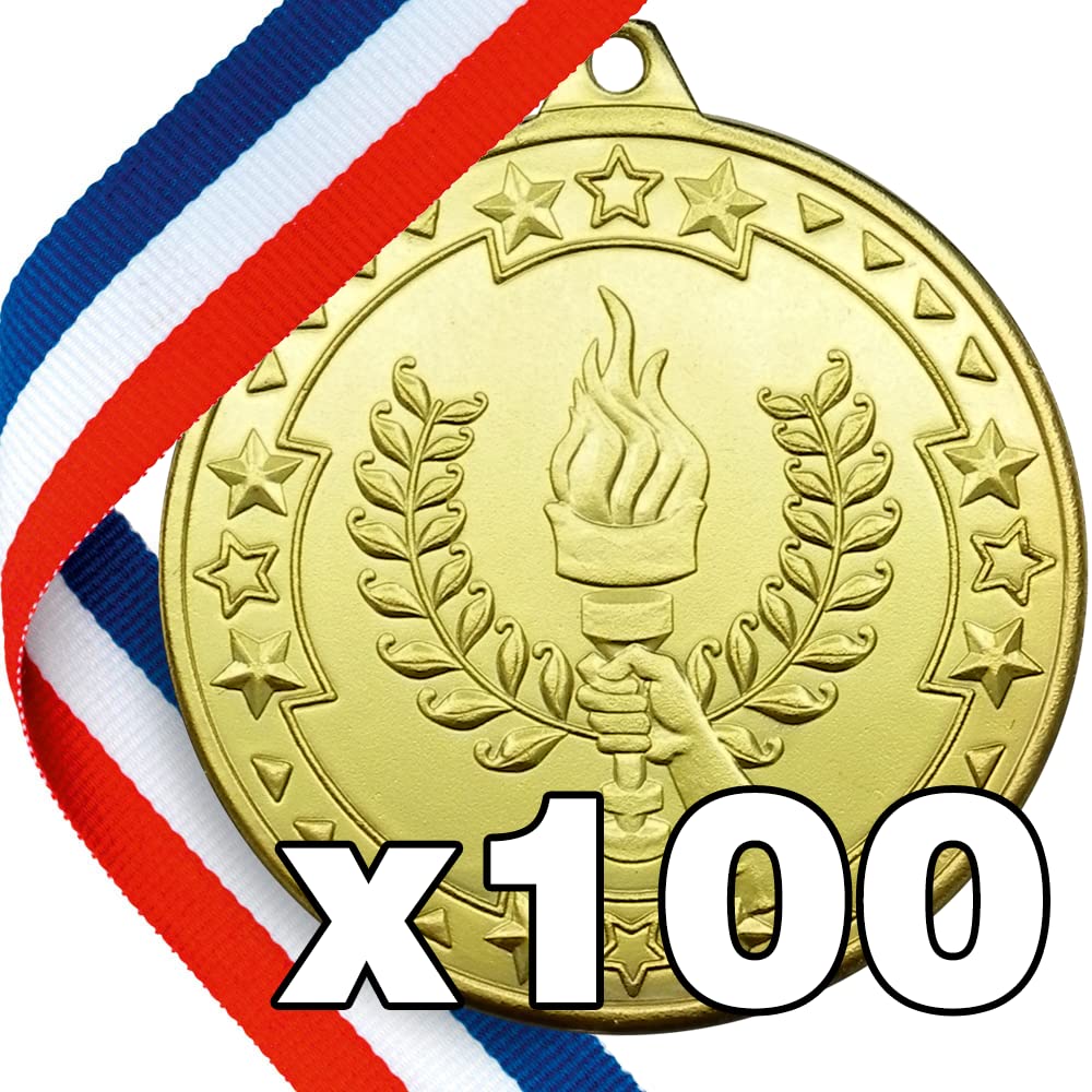 Buy 100 x Sports Day Torch Metal Medals On Ribbons Online at