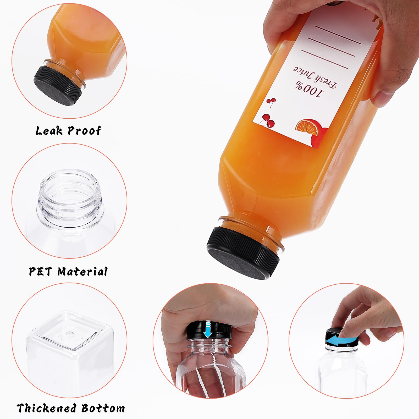 OBKJJ Botellas de plástico para jugo, 150 botellas de agua vacías de plástico de 16 onzas con tapas, reutilizables, transparentes, recipientes para bebidas, jugos, batidos, agua con 2 cepillos, 2