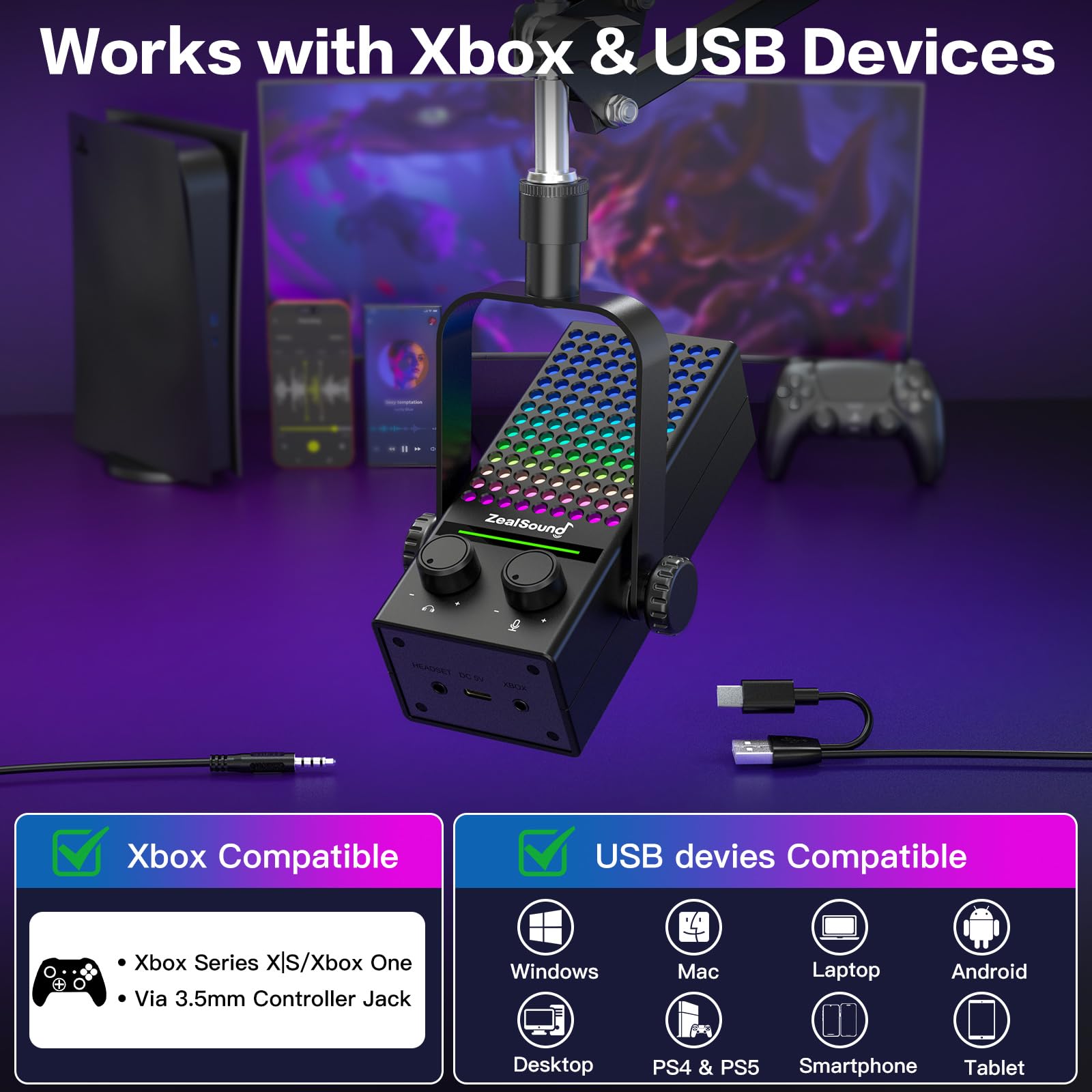 ZealSound Microfono da gioco per Xbox con braccio a braccio, microfono USB per PC, Mac, iPhone e Android, riduzione del rumore, silenziamento con un solo tocco, controllo del guadagno, monitoraggio a